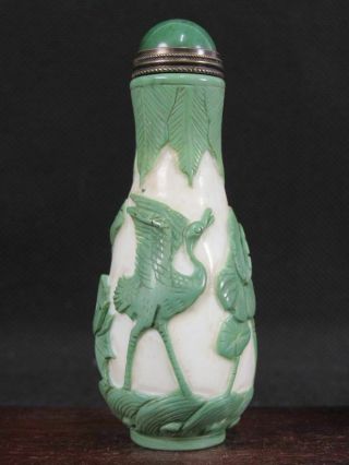 Chinese Crane Carved Peking Overlay Glass Snuff Bottle