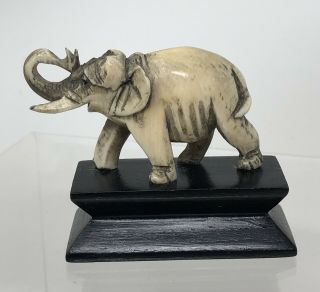 Vintage Hand Carved Bovine Bone Elephant Miniature On Wood Base Stand
