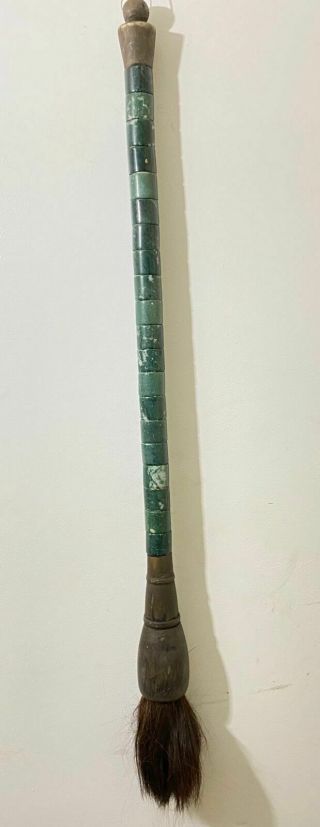 Large 39” Vintage Chinese Calligraphy Carved Jade Green Stone Ink Paint Brush