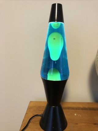 Vintage Lava Lite Motion Lamp,  Blue Liquid,  Yellow Green Lava,  Black Base & Top