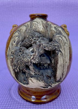 Vintage Japanese Banko Ware Ornate Carved Pottery Vase Bonsai Tree