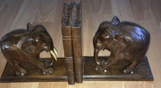 Antique Carved Teak Wood Elephant Bookends Ceylon India C 1900
