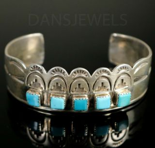 Vintage Old Pawn Navajo Hand Forged Southwest Row Turquoise Sterling Bracelet