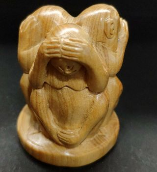Q4355 - 2 " Hand Carved Japanese Boxwood Netsuke - 3 No Evil Wise Monkeys