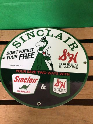 Vintage Sinclair S& H Green Stamps Gasoline Porcelain Gas Pump Sign Dino