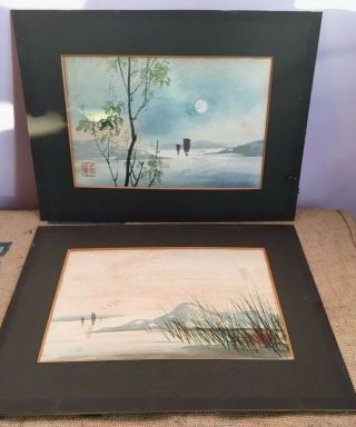 Pair Antique Signed Japanese Watercolour Paintings