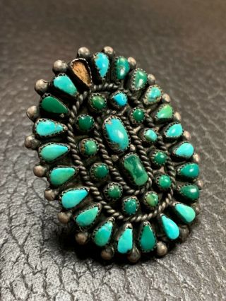 1960s Vintage Navajo Sterling Silver Turquoise Petit Point Cluster Ring Sz 7