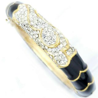 Vtg Ciner Signed Gold Tone Black Enamel Crystal Pave Hinge Cuff Bracelet 7 "