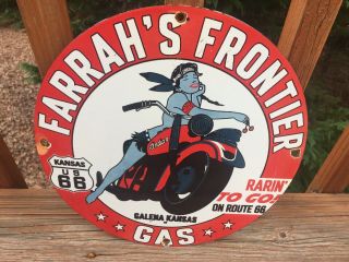 Vintage Farrah’s Frontier Gasonline Route 66 Heavy Porcelain Gas & Oil Sign 12”