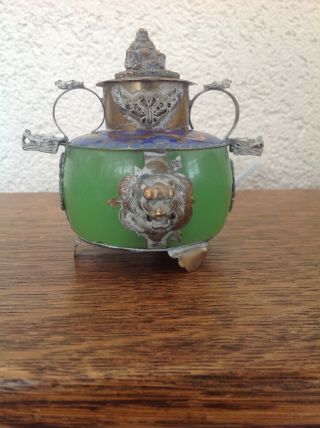 Tibetan Jade And Enamel Copper Lidded Pot With Brass Mounted Animals 4 " High