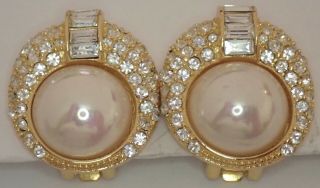 Vintage Christian Dior Gold Plate Rhinestone Pearl Clip Earrings