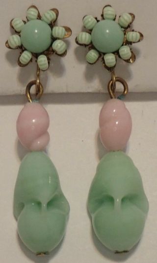 Vintage Miriam Haskell Pink Jadeite Green Art Glass Bead Earrings
