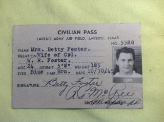 Vintage Wwii 1945 Laredo Army Air Field Civilian Pass Laredo Texas