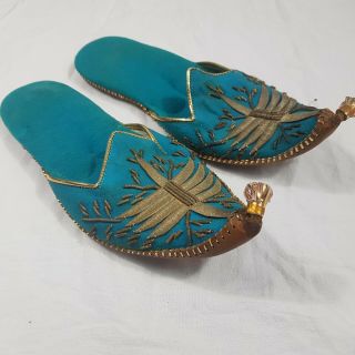 Vintage Handmade Indian Slipper Shoes Blue Gold Decorative