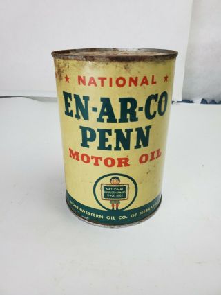 Vintage En - Ar - Co Motor Oil 5 Quarts Full Oil Can