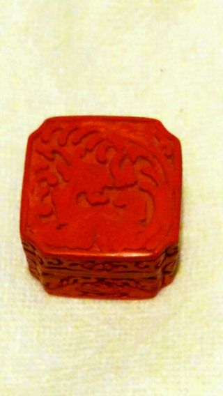 Vintage Chinese Red Cinnabar Intricately Carved Trinket Box Blue Enamel Inside.