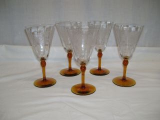 Vtg Fostoria Glass Wine Water Goblet Etched Amber Blown Stem Champagne Glasses 5