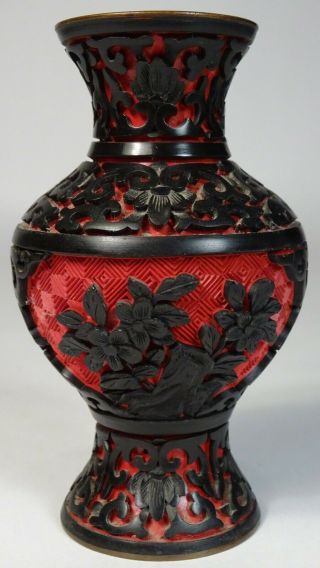 Vintage Black On Red Cinnabar Lacquer 4 " Chinese Vase,  Flowers