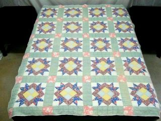 Vintage Handmade Sandhills Star Quilt C 1930 W Mostly Feedsack Fabrics