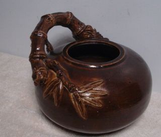 Vtg Pottery Brown Glaze Bowl Flower Pot Chinese Oriental Handle Bamboo W/ Leaves