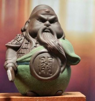 Chinese Yixing Zisha Coloured Pottery Lovable Guan Gong Yu Warrior God Statue