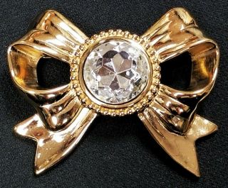 Vintage Signed Givenchy Gold Plated Faceted Crystal Ribbon Bow Brooch