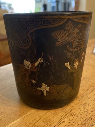 Antique Japanese Black Laquer Hand Painted Paper Mache Gold Scene Vase Juggler