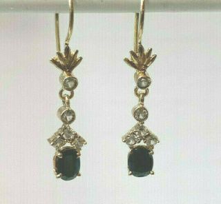 Vintage 14k Yellow Gold Blue Sapphire And Diamond Pierced Wire Drop Earring
