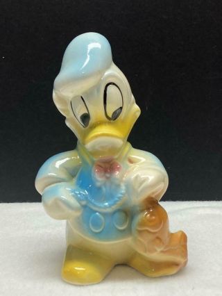 Vintage Walt Disney Donald Duck With Fish Figurine American Bisque Pottery