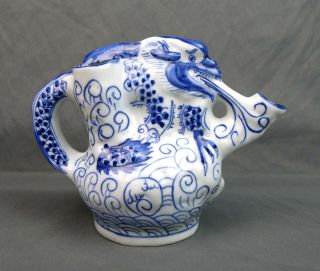 Vintage Chinese Blue And White Porcelain Dragon Teapot Qianlong Mark