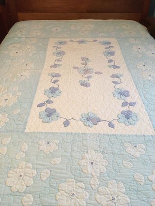 Vintage Blue & White Floral Applique Handmade Quilt,  Hand Quilted 88”x 72”