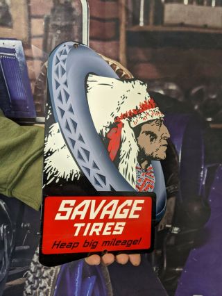 Vintage Old Savage Indian Tires Service Porcelain Gas Station Heavy Metal Sign