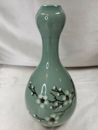 Antique Chinese Porcelain Celadon Vase With Flowers Signed