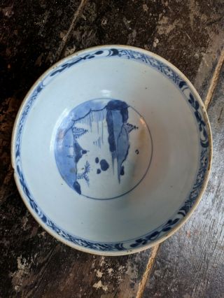 Antique early Chinese blue and white porcelain bowl pagoda and county scene 3