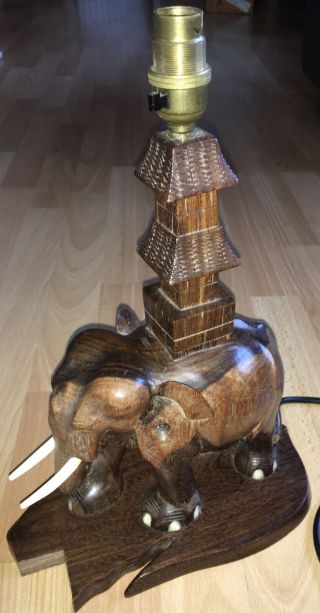 Antique Carved Teak Wood Tusker Elephant Pagoda Lamp Ceylon