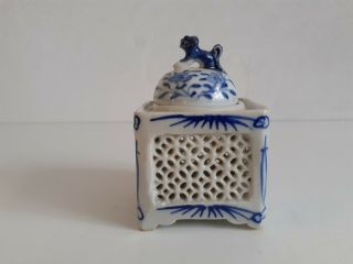 Vintage Chinese Hand Painted Lattice Openwork Square Scent Box Pot