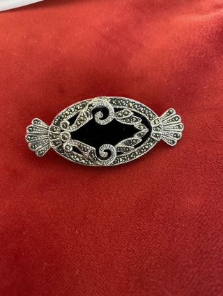 Vintage Art Deco Sterling Silver Brooch With Marcasite And Onyx