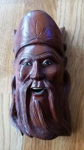 Vintage Carved Wood Chinese Japanese Laughing Face Wall Plaque