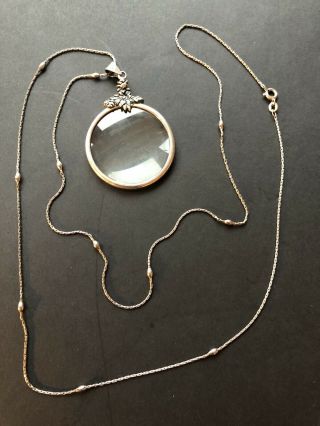 Vintage Sterling Silver Magnifying Glass With Long Sterling Silver Chain