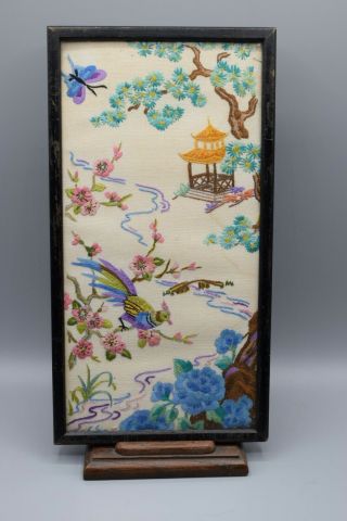 Antique Large Chinese Embroidery Of Landscape With A Phoenix Picture Framed