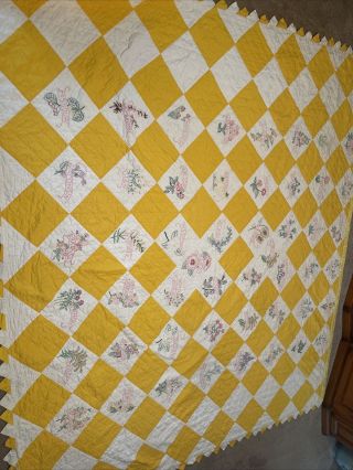 50 State Flowers Vtg Hand Embroidered Yellow Full/queen Quilt Bedspread 88 X 96