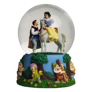 Disney Snow White On Horse W Prince Charming Musical Snow Globe W/ Seven Dwarfs