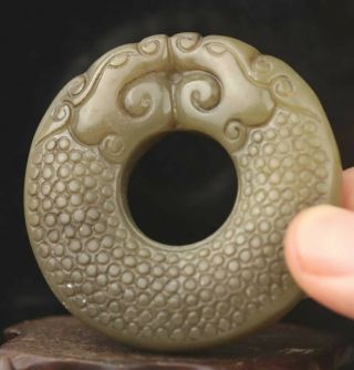 Chinese Natural Jade Hand - Carved Statue Dragon Ring Pendant 2.  1 Inch