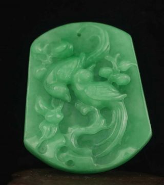 Chinese Old Natural Green Jade Hand - Carved Statue Bird Flower Pendant 2.  2 Inch