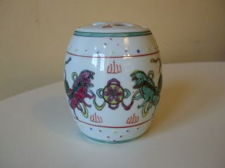 Old Chinese Famille Verte Porcelain Barrel Shaped Jar With Cover 11.  5cm High