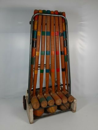Vintage Wooden Croquet Set W/standing Caddy 6 Player Set Unbranded