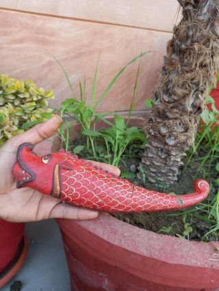 Old Decorative Vintage Wooden Carved Painted Fish Figure Gun Powder Flask Rare
