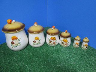 Vintage Ceramic Merry Mushroom Canisters Set Of 4 Sears 1977 Plus Salt & Pepper