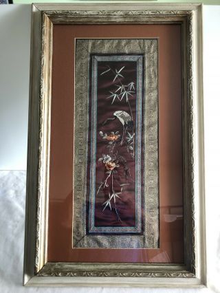 Antique Chinese Embroidery Forbidden Stitch Silk Robe Sleeve Panel Crane 19th C