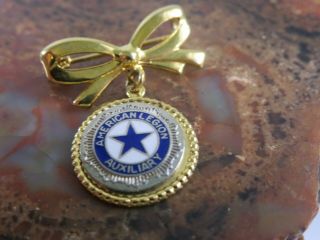 American Legion Auxiliary Pin Brooch Ladies Gold Tone Bow Dangle Circle KCA5 2